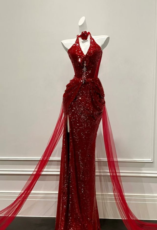 Shiny Burgundy Sheath V Neck Sequin Long Prom Dress with Slit DP4270