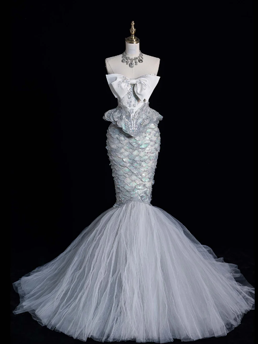 Shiny Mermaid Strapless Bow Sequin Tulle Long Prom Dress Evening Dress DP2093