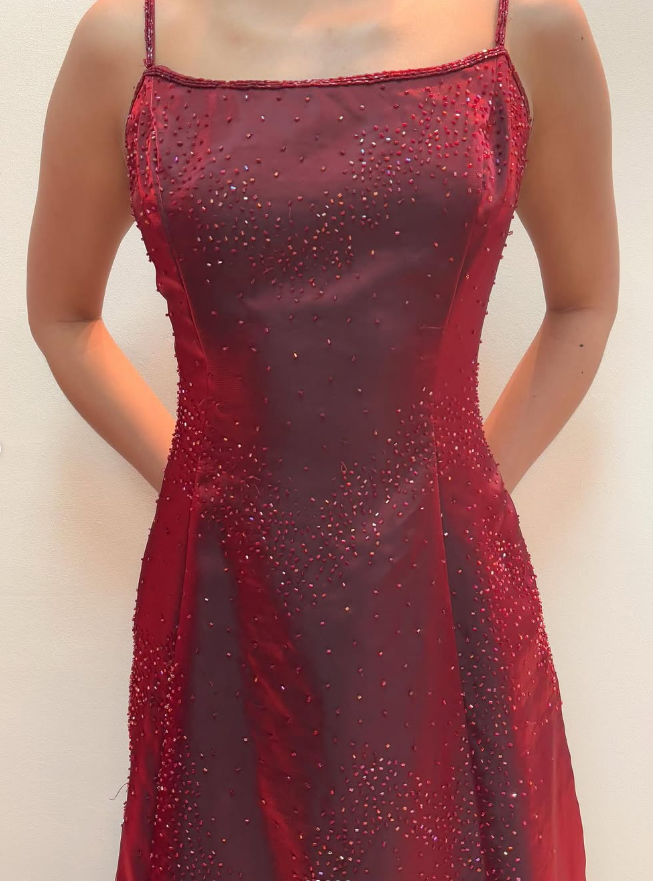 Vintage A Line Spaghetti Strap Beaded Burgundy Satin Long Prom Dress Evening Dress DP1789