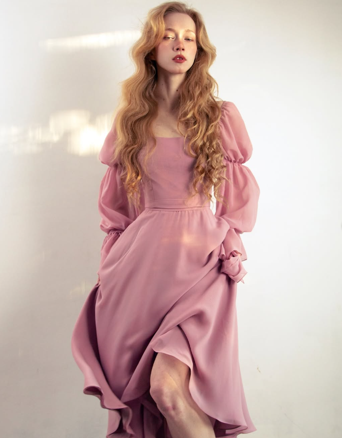 Princess Pink A Line Long Sleeve Chiffon Long Prom Dress Evening Dress DP2802