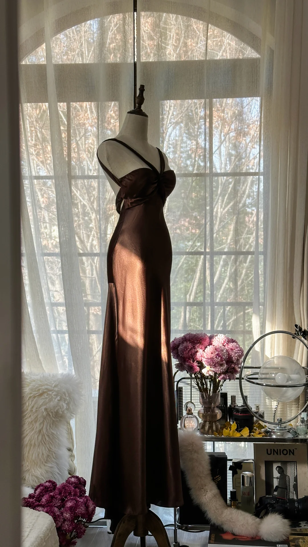 Sexy Mermaid Halter Brown Satin Long Open Back Party Dress Evening Dress DP2475