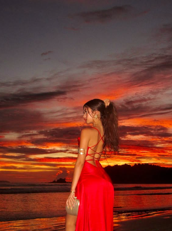 Red Mermaid Spaghetti Strap Ruffle Satin Open Back Prom Dress Vacation Dress with Slit DP3989