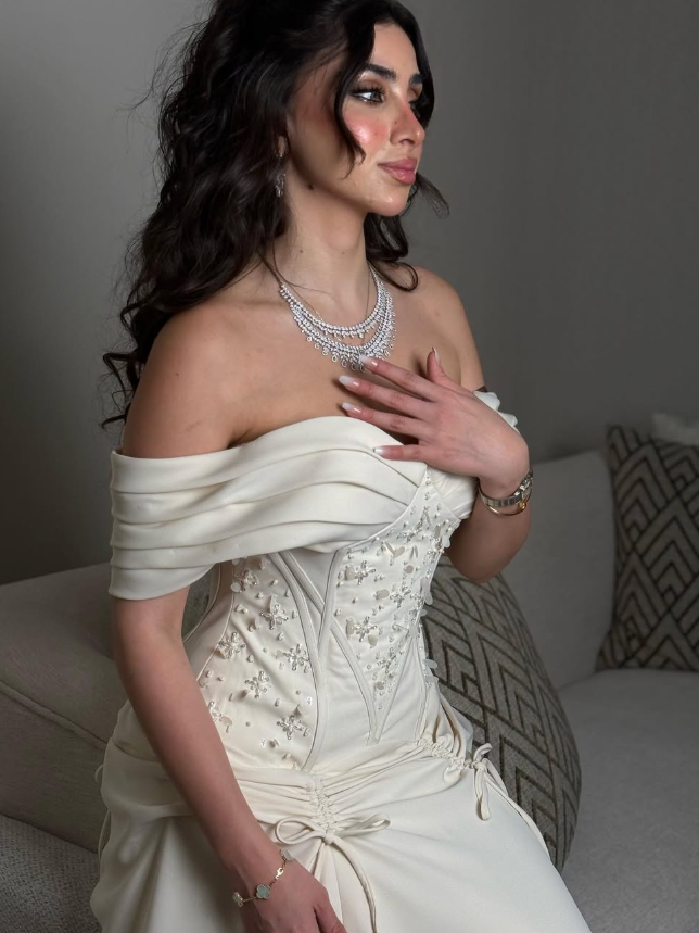 Ivory A Line Off the Shoulder Beaded Satin Long Prom Dress Evening Dress DP2805