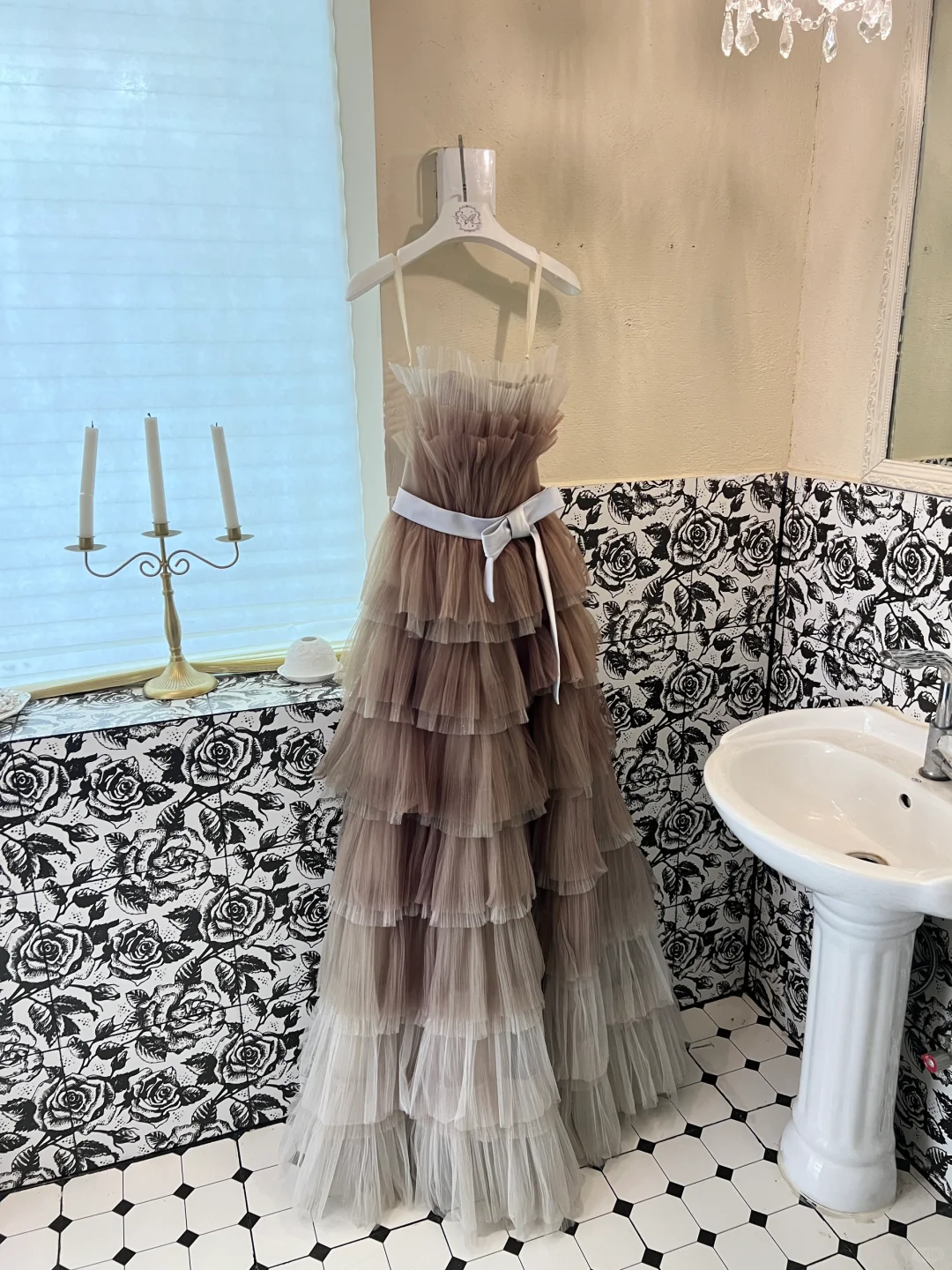 Unique Brown Grey Ombre A Line Strapless Layered Tulle Long Prom Dress Formal Dress DP3328