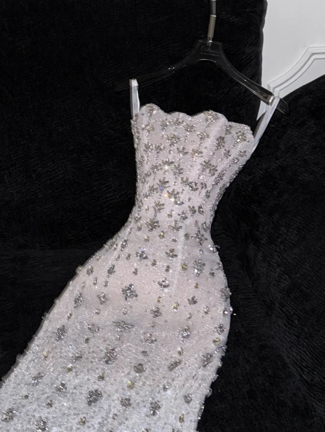 Gorgeous Sheath Strapless Rhinestone White Tulle Prom Dress Evening Dress DP2780