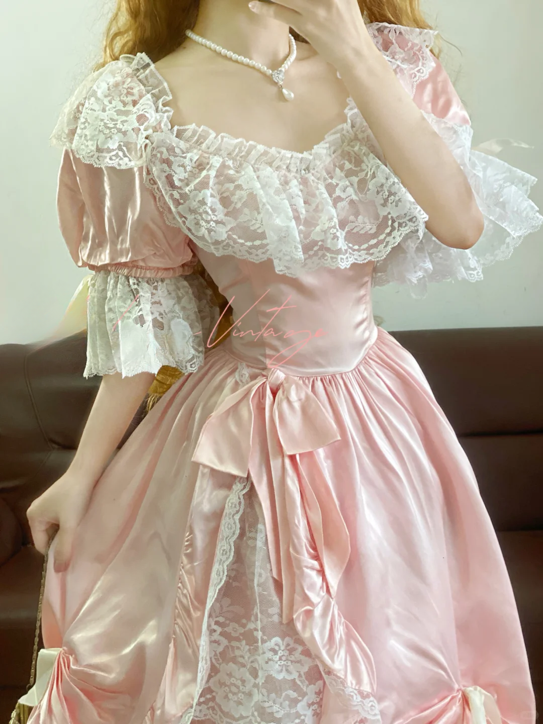 Vintage Ball Gown Puff Pink Bow Satin White Lace Prom Dress 16th Birthday Dress DP4143