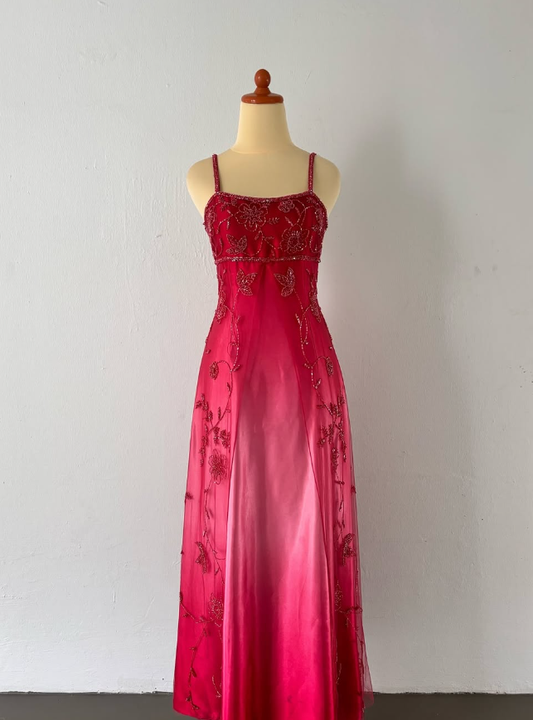Elegant A Line Spaghetti Strap Beaded Red Ombre Tulle Satin Prom Dress Evening Dress DP2234