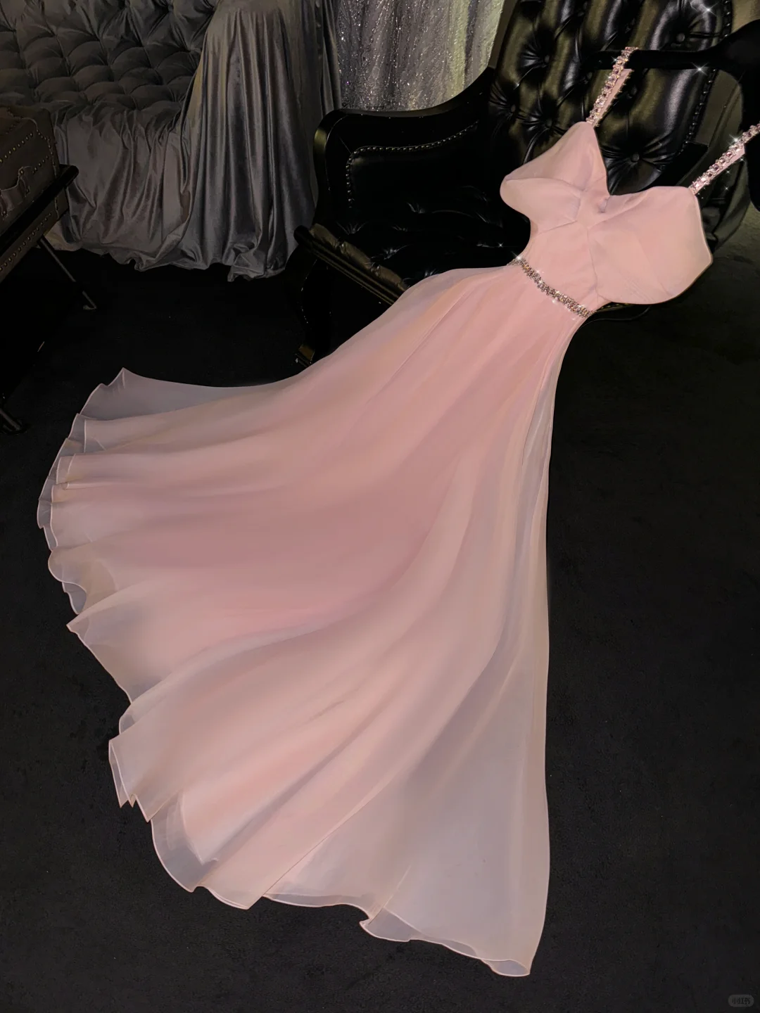 Pink A Line Spaghetti Strap Beaded Organza Long Party Dress Evening Dress DP2592
