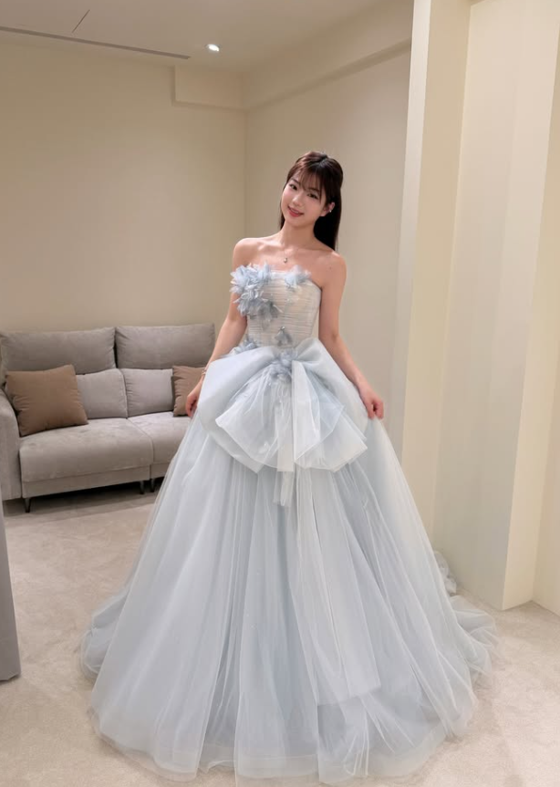 Elegant Light Blue A Line Strapless Floral Bow Tulle Prom Dress DP4708