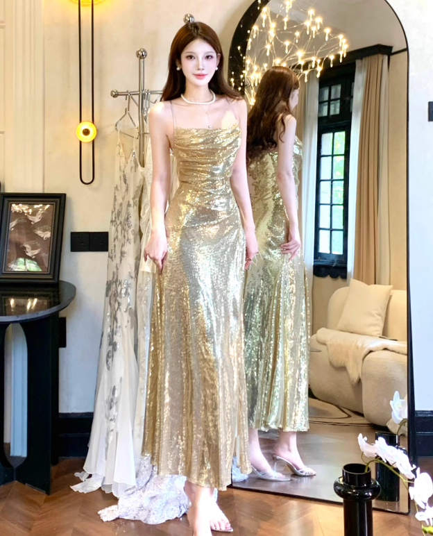 Shiny Golden Mermaid Spaghetti Strap Sequin Prom Dress 16th Birthday Dress with Slit DP3570