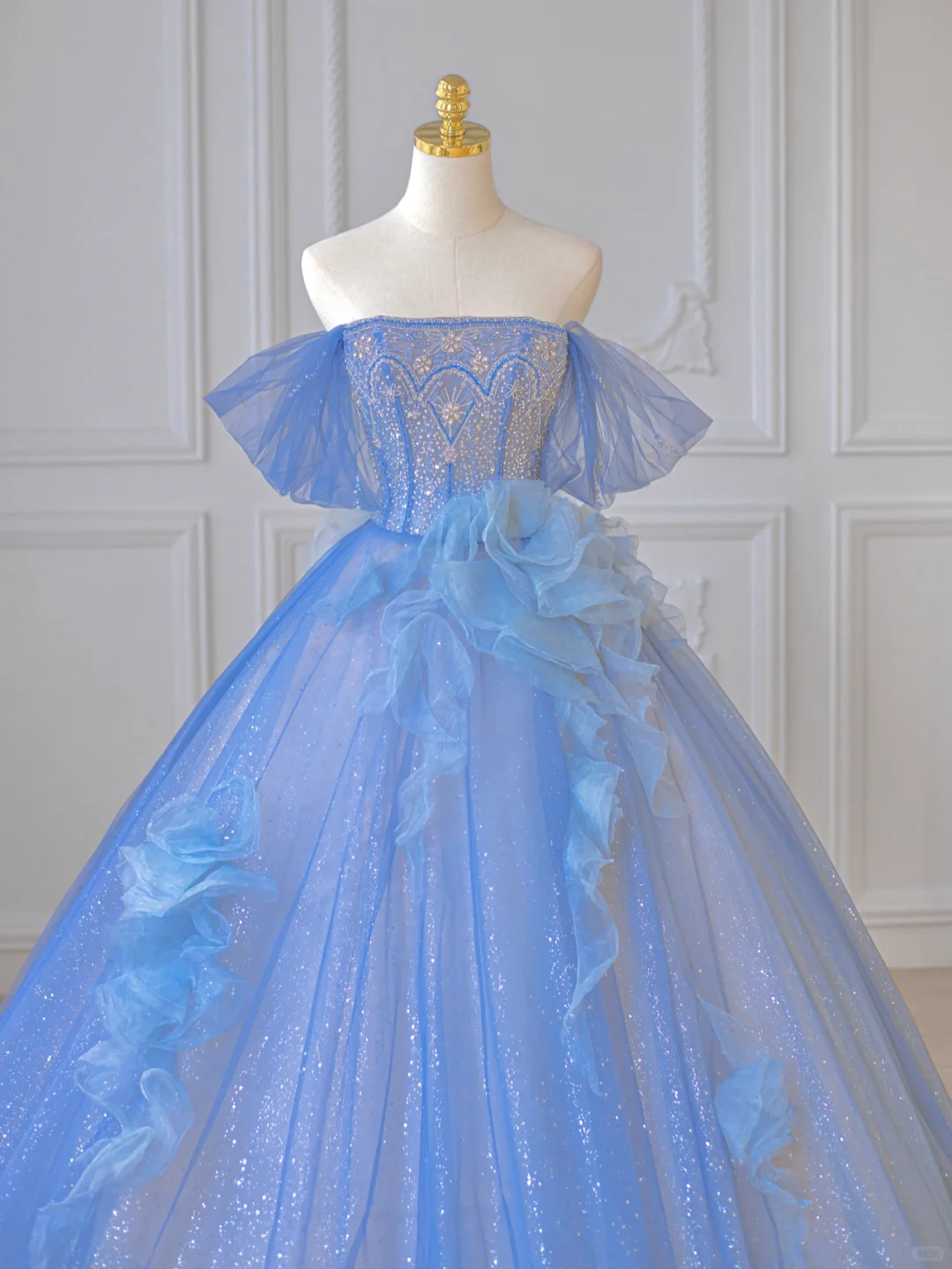 Elegant A Line Off the Shoulder Beaded Sequin Blue Tulle Long Prom Dress Party Dress DP2726