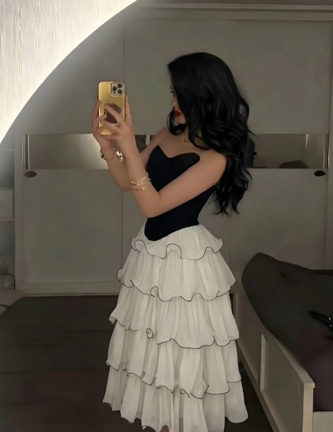 Cute Black-white A Line Strapless Layered Chiffon Satin Prom Dress Evening Dress DP6941