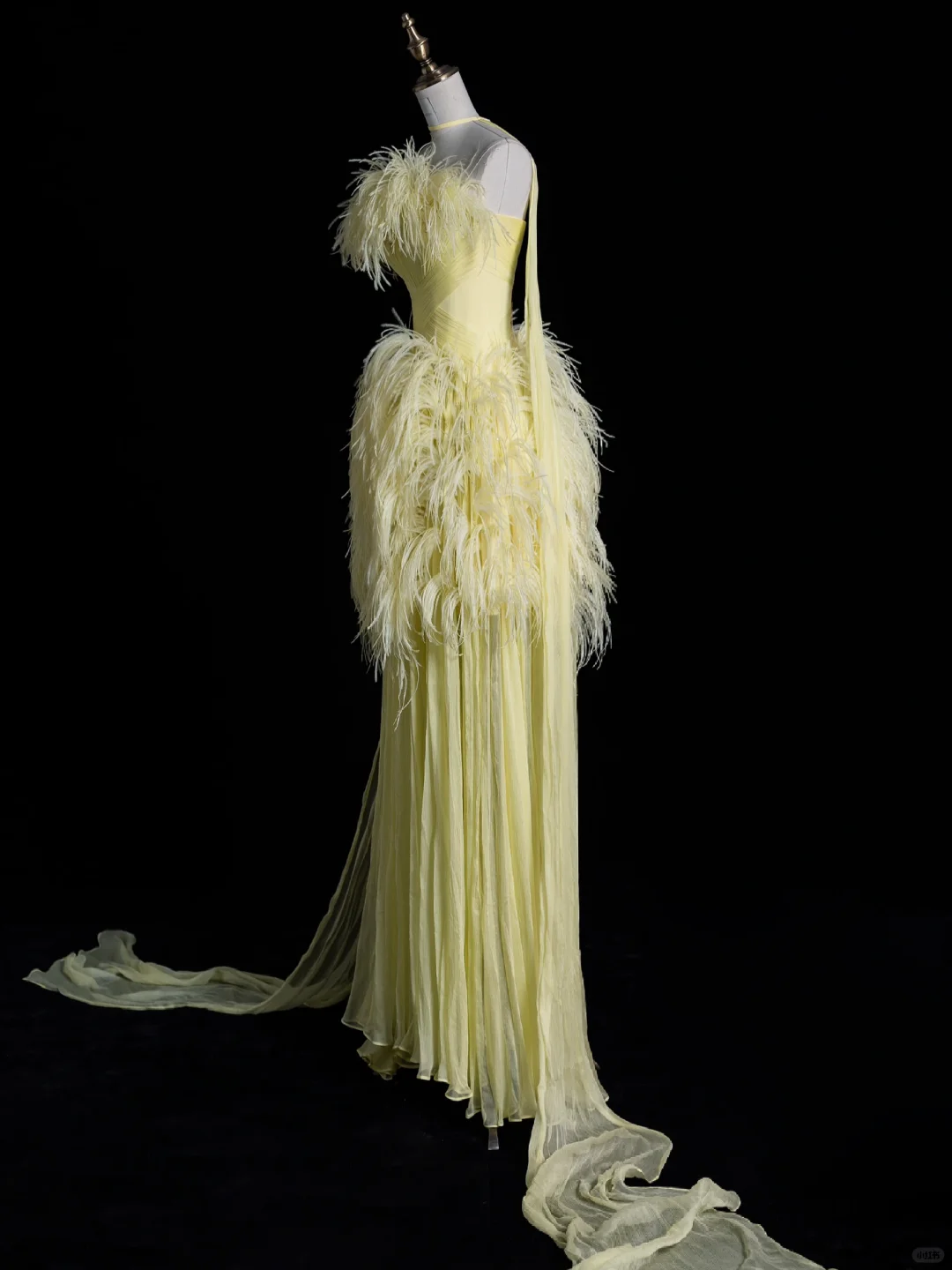 Light Yellow A Line Strapless Feather Tulle Long Prom Dress Graduation Prom Dress DP1970