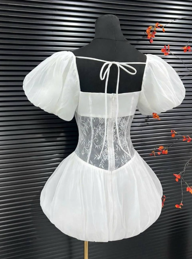 Cute Puff White Lace Satin Short Homecoming Dress Date Dress DP2956