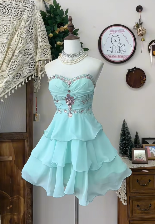 Vintage A Line Sweetheart Neck Layered Rhinestone Blue Chiffon Homecoming Dress Cocktail Dress DP2442