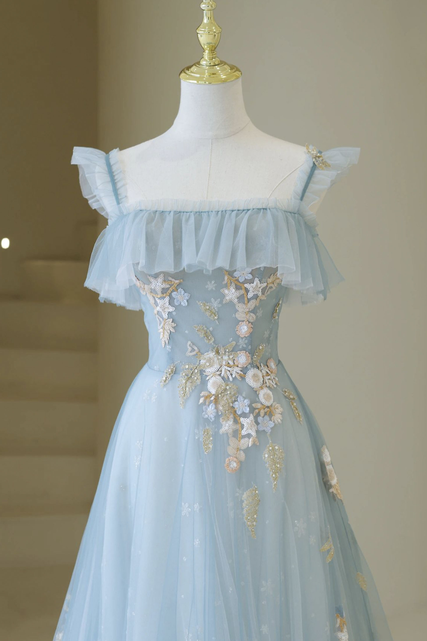 Blue Sequare Tulle Appliques Long Prom Dress Elegant Evening Dress DP646