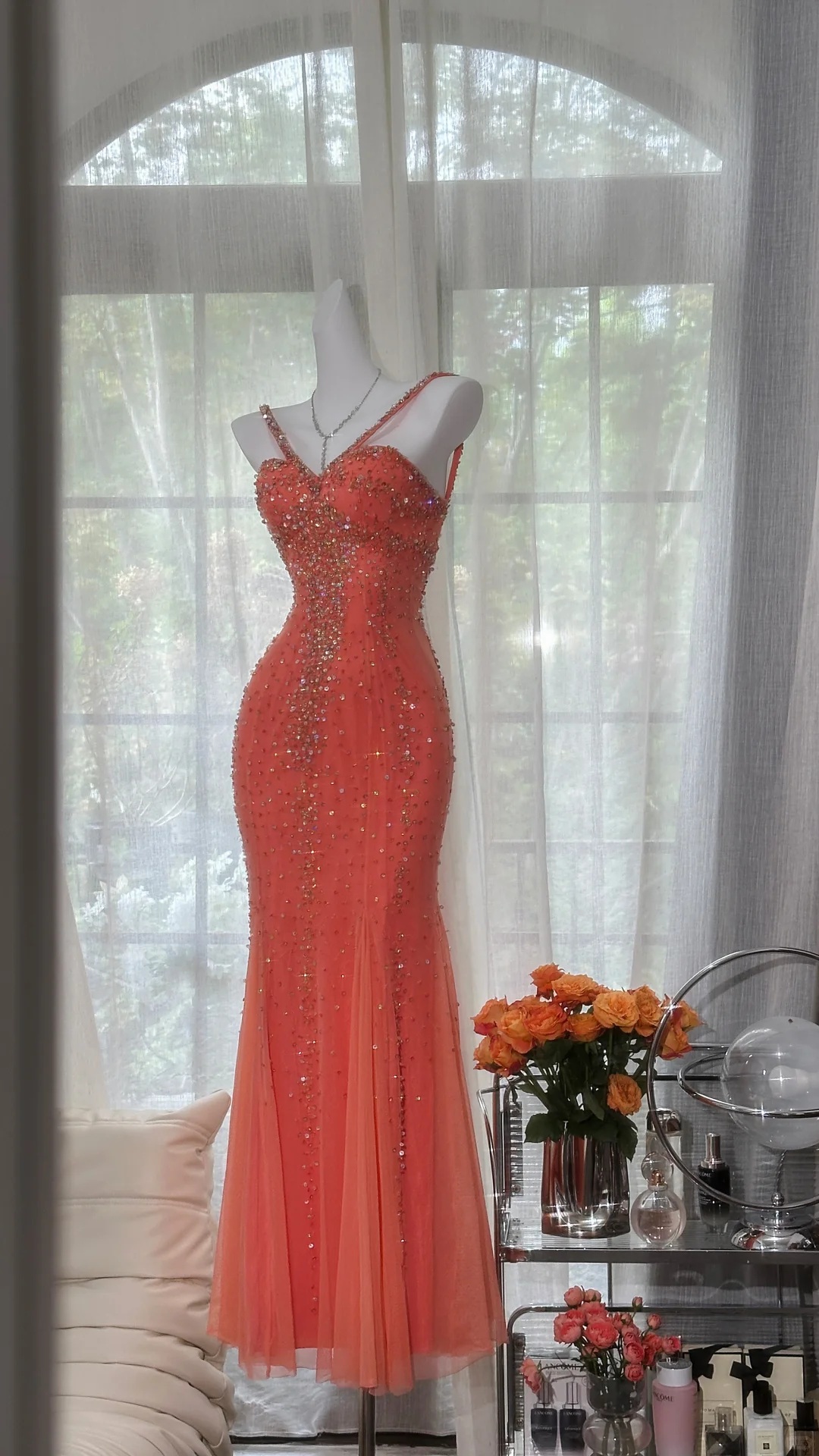 Vintage Mermaid Spaghetti Strap Exquisite Rhinestone Tulle Prom Dress Wedding Guest Dress DP4154