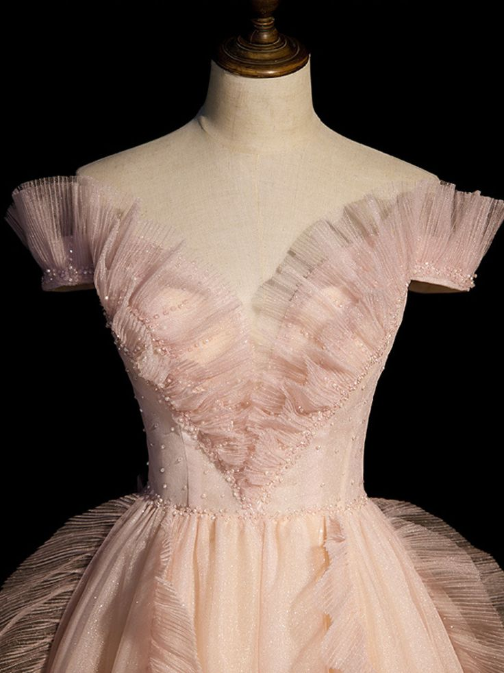 Pink V Neck Ruffles Tulle Beaded Prom Dress Off The Shoulder Evening Dress DP401