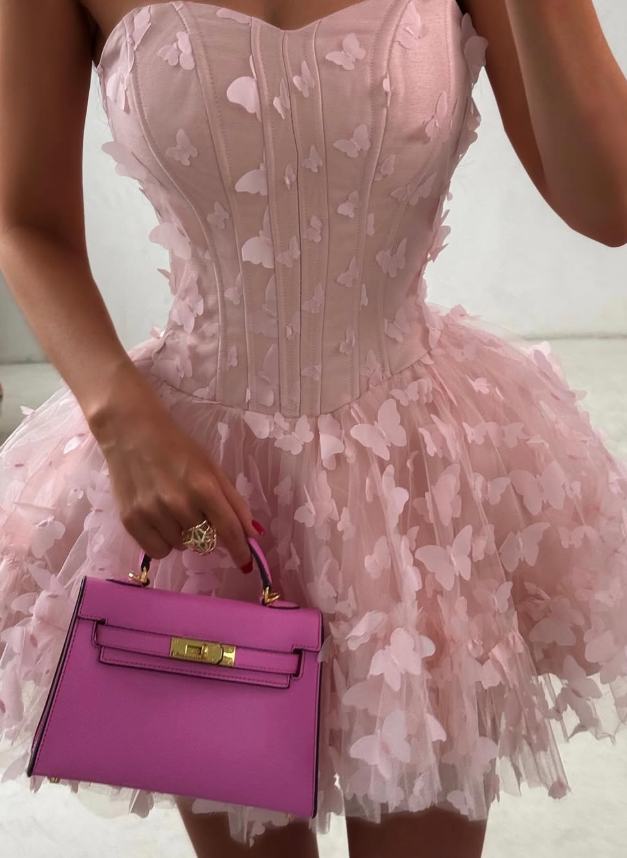 White Butterfly A Line Strapless Corset Tulle Short Homecoming Dress Cocktail Dress DP3196