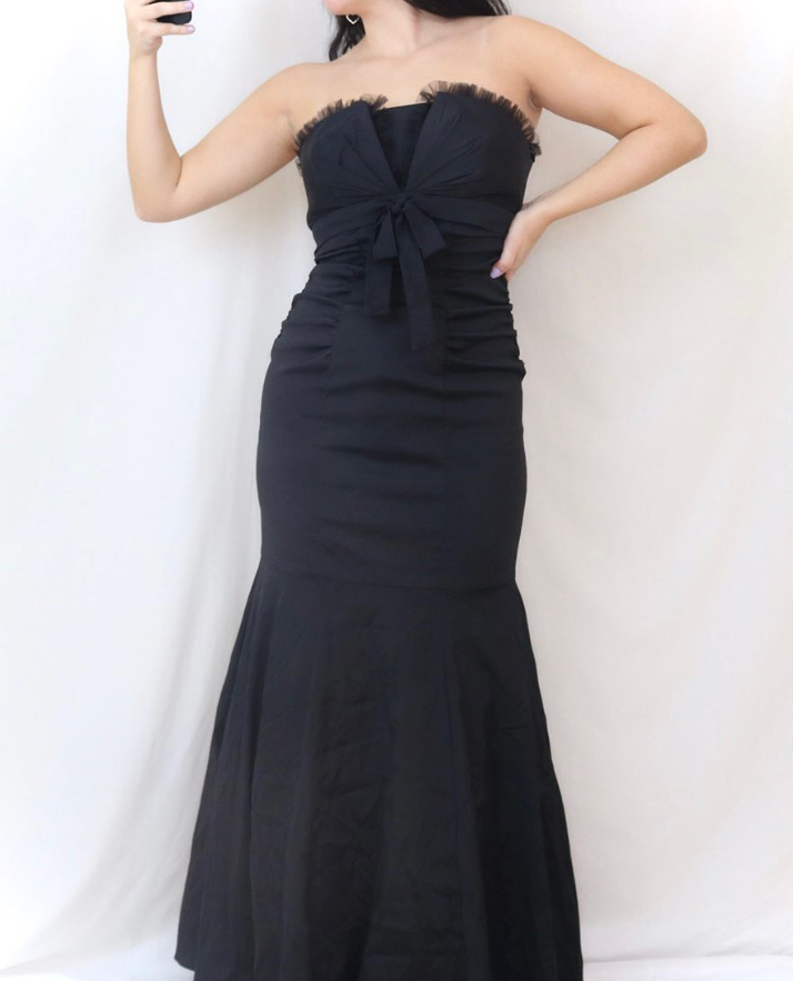 Black Mermaid Strapless Bow Satin Long Prom Dress Evening Dress DP1412