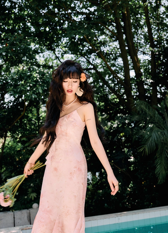 Pink Floral Mermaid Spaghetti Strap Ruffle Chiffon Prom Dress Vacation Dress Outfits DP3651
