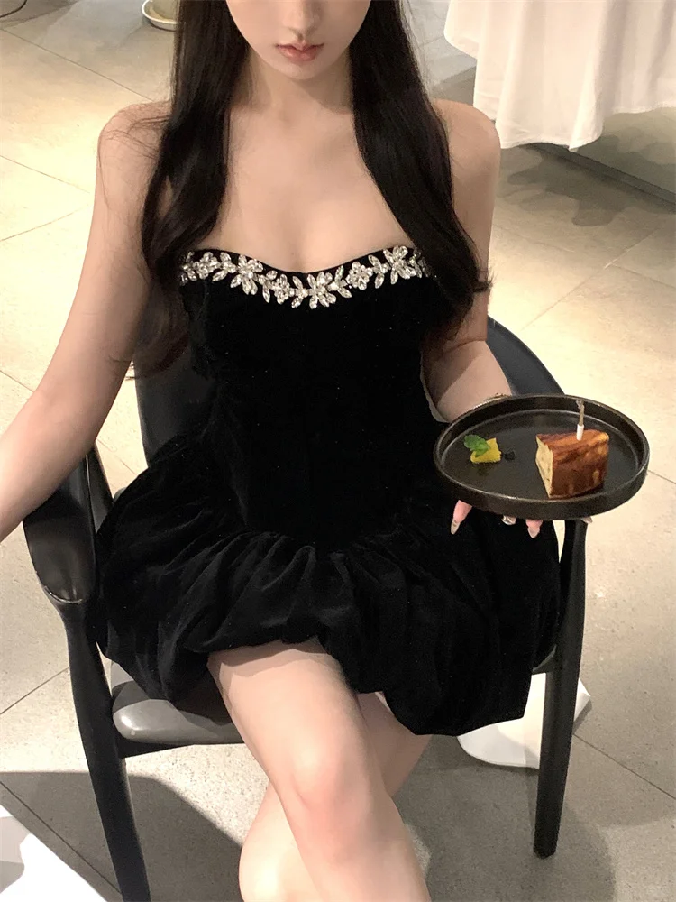 Stunning A Line Strapless Rhinestone Black Velvet Short Homecoming Dress Cocktail Dress DP2676