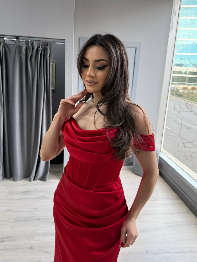 Charming Mermaid Off the Shoulder Corset Red Satin Prom Dress Evening Dress DP1834