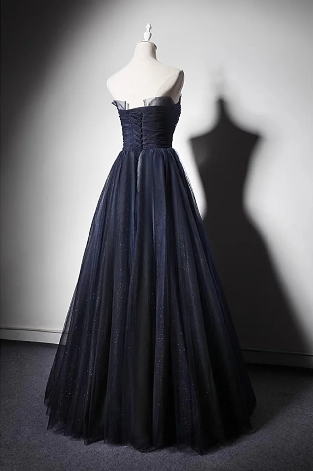 Strapless Navy Blue Tulle Lace Appliques Prom Dress Evening Dress DP381