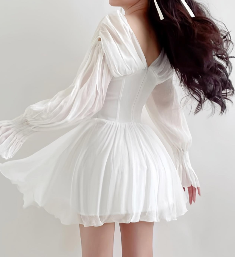 Pretty A Line Long Sleeve Corset White Chiffon Short Party Dress Homecoming Dress DP3018
