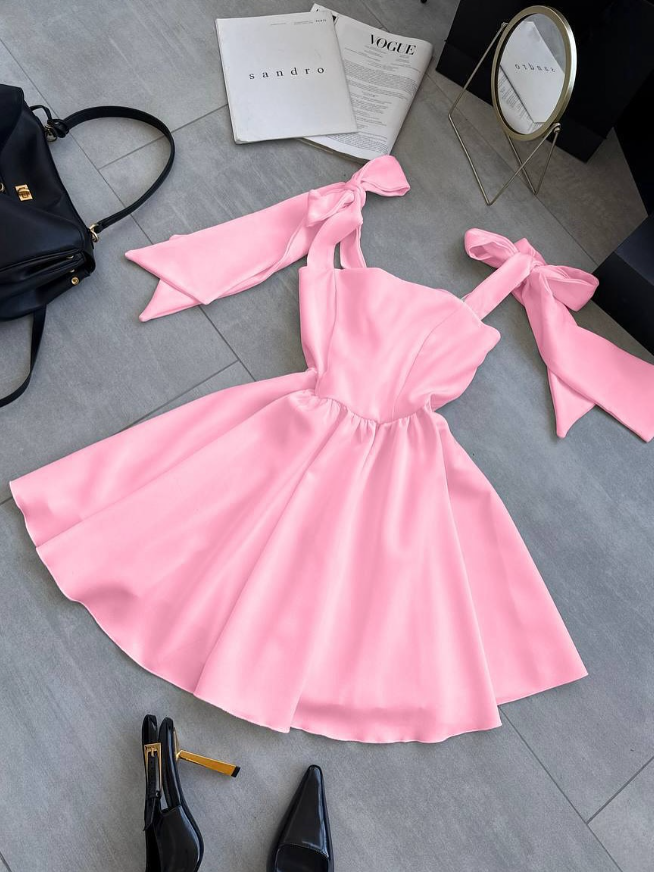 Black A Line Bow Straps Satin Short Homecoming Dress Cocktail Dress DP3856