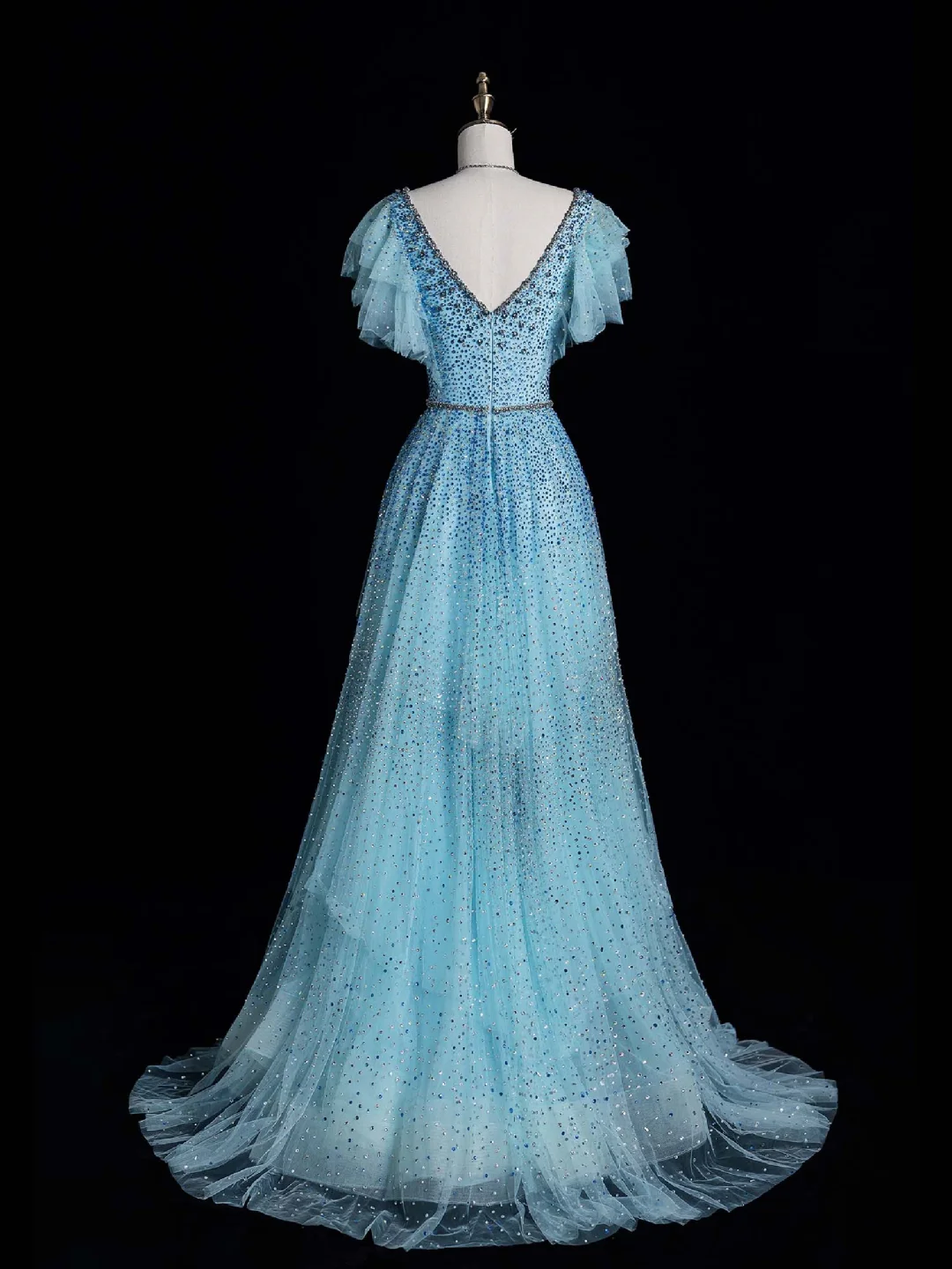 Gorgeous A Line V Neck Tiered Sequin Blue Tulle Prom Dress Graduation Prom Dress DP2015