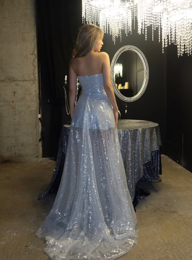 Shiny Silver A Line Sweetheart Neck Sequin Prom Dress Cocktail Dress with Slit DP3497