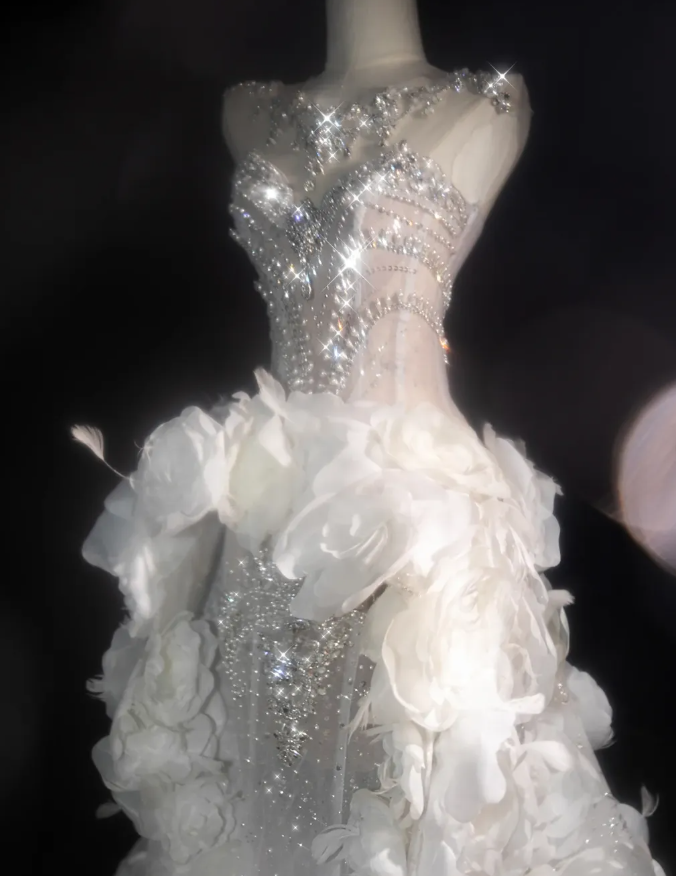 White Flower Exquisite Mermaid Rhinestone Tulle Strapless Prom Dress Evening Dress Party DressDP3100