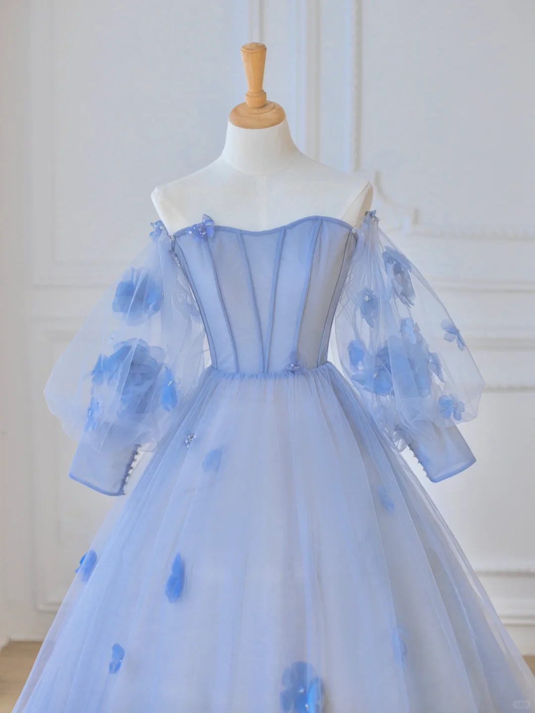 Elegant A Line Long Sleeve Flower Blue Tulle Long Prom Dress Party Dress DP2725