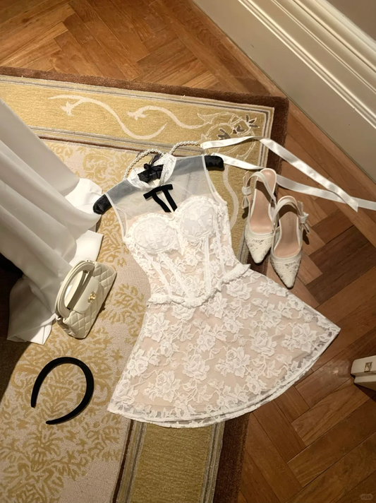 White A Line Round Neck Lace Short Homecoming Dress Cocktail Dress DP2569