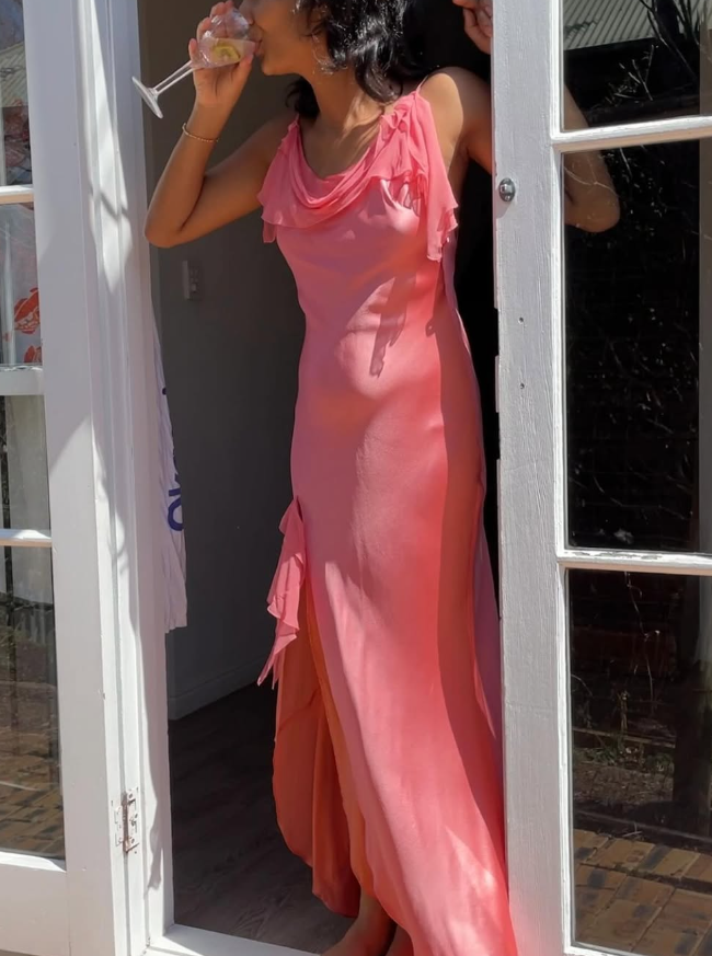 Pink Mermaid Spaghetti Strap Ruffle Satin Open Back Prom Dress Graduation Prom Dress DP2163