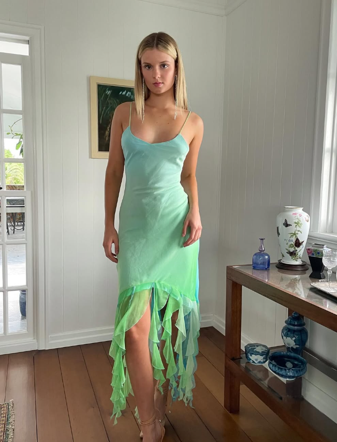 Cute Sheath Spaghetti Strap Ombre Green Blue Ruffle Chiffon Prom Dress Graduation Prom Dress DP2153