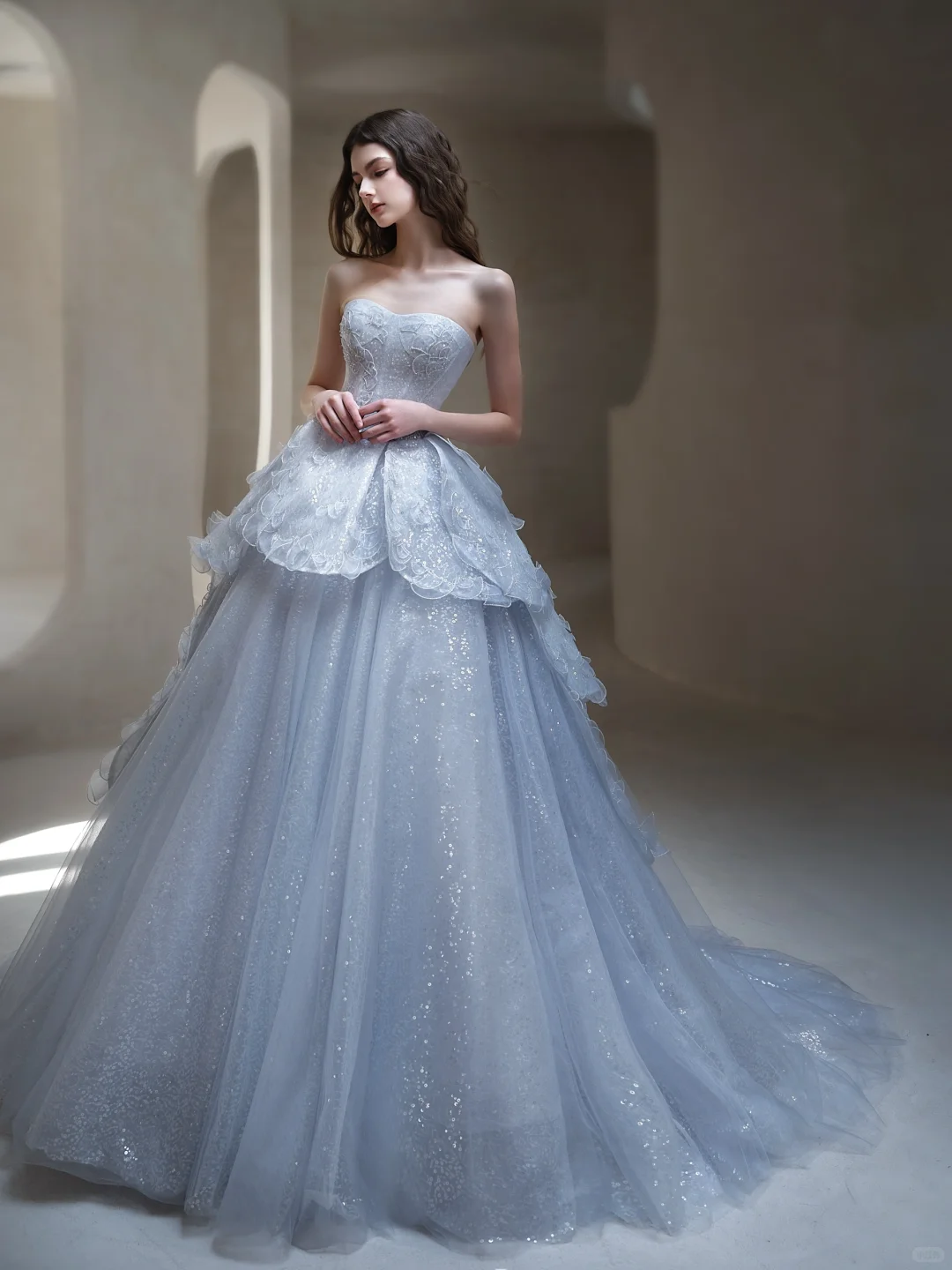 Light Blue Ball Gown Strapless Sequin Layered Long Prom Dress Evening Dress Formal Gown DP3434