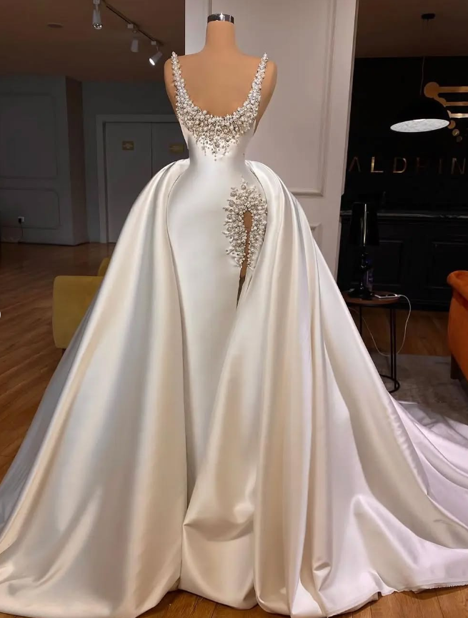 Gorgeous A Line Strap Pearls Rhinestone Ivory Satin Long Sweep Prom Dress DP1766