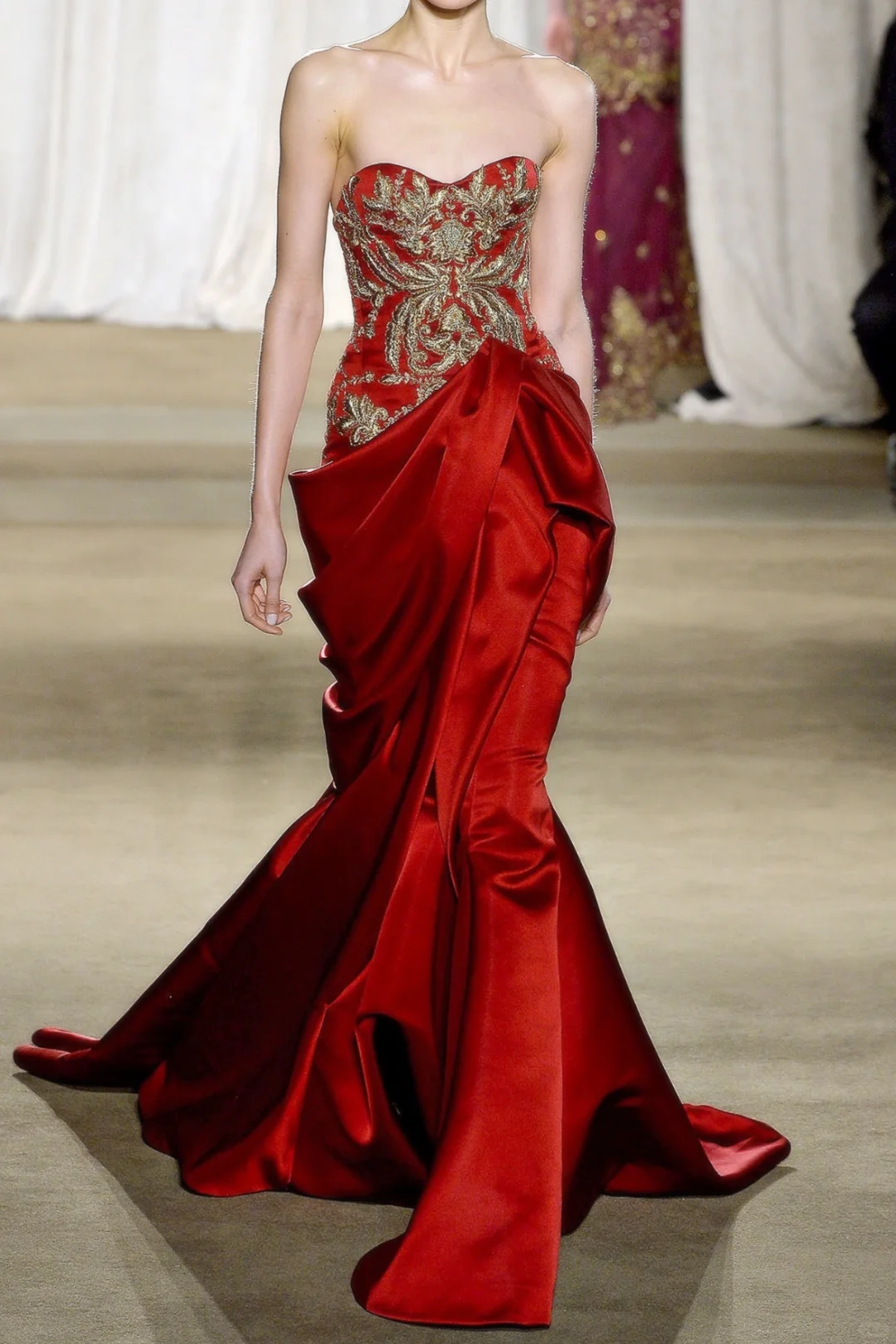 Vintage Mermaid Sweetheart Neck Appliques Red Satin Prom Dress Evening Dress DP4473