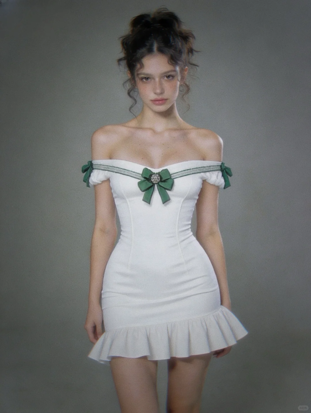 Cute White Sheath Off the Shoulder Green Bow Satin Short Homecoming Dress Outfits DP4704