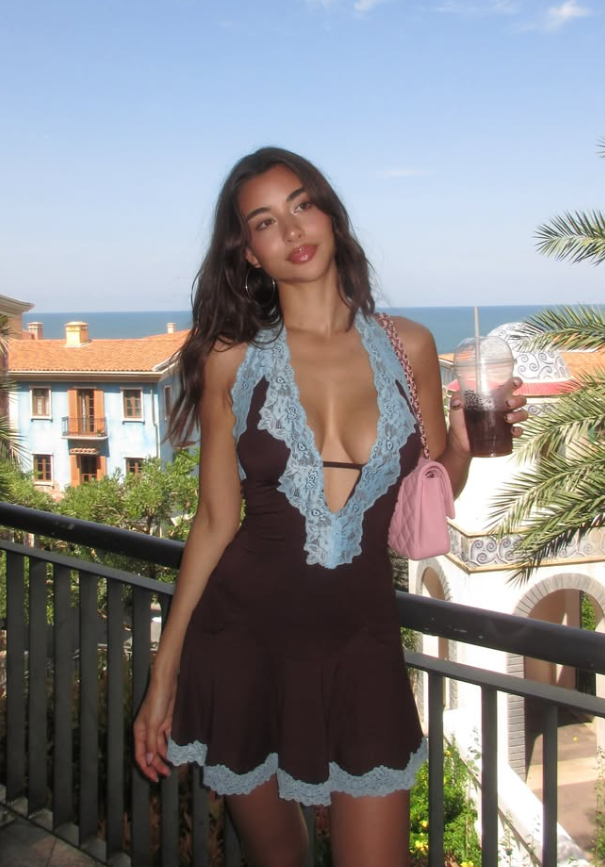 Sexy Deep V Neck Blue Lace Brown Satin Short Outfit Homecoming Dress Cocktail Dress DP2986