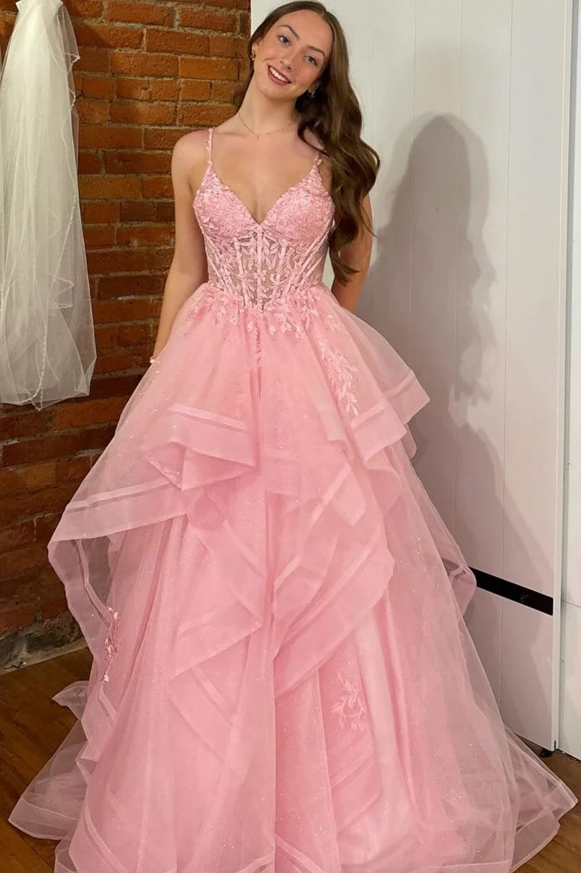 Pink A Line Spaghetti Strap Appliques Tulle Prom Dress Evening Dress DP7628
