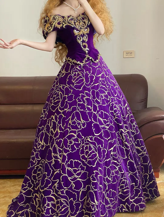 Purple A Line V Neck Beaded Embroidery Velvet 16th Birthday Dress Party Dress Quinceanera Dress DP4094