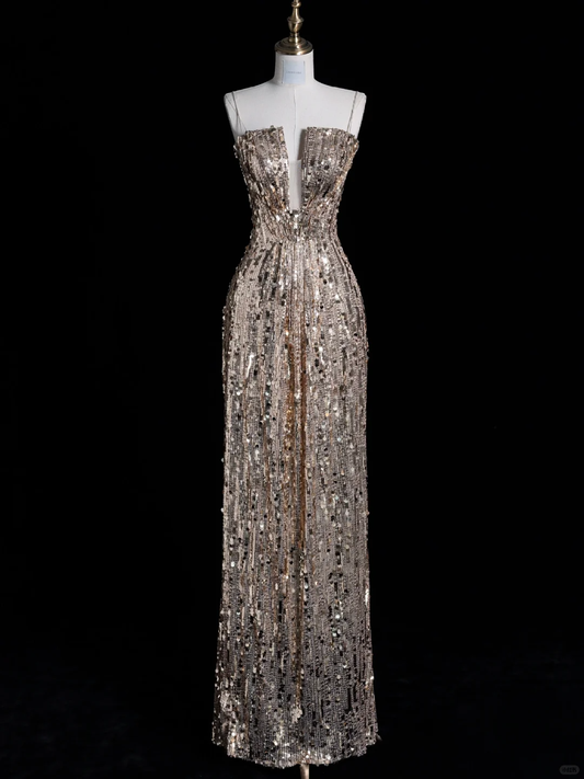 Shiny Sheath Strapless Golden Sequin Long Prom Dress Evening Dress DP2097