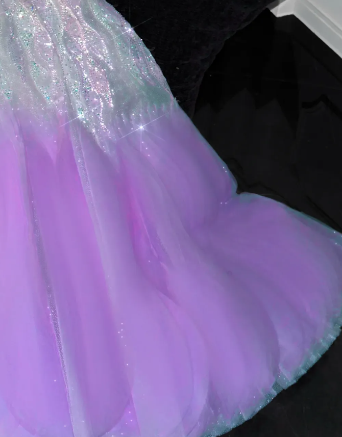 Dreamy Purple Ombre A Line Strapless Beaded Tulle Prom Dress Birthday Dress Party Dress DP3088
