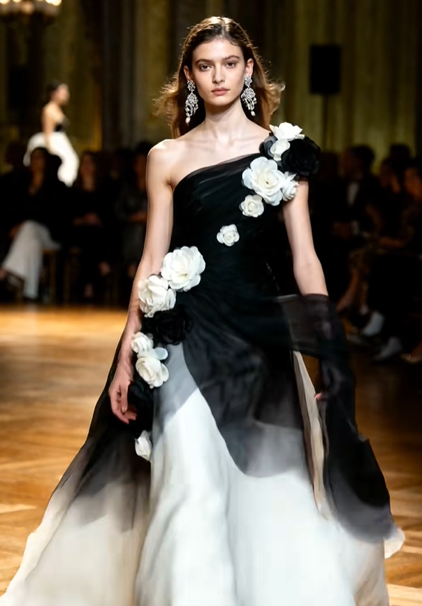 Gentle Black-White Ombre A Line One Shoulder Floral Chiffon Prom Dress DP4653