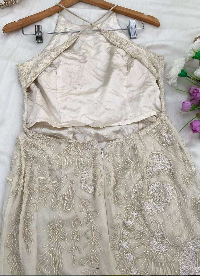 Vintage A Line Halter Beaded Ivory Satin and Chiffon Prom Dress Evening Dress DP1375