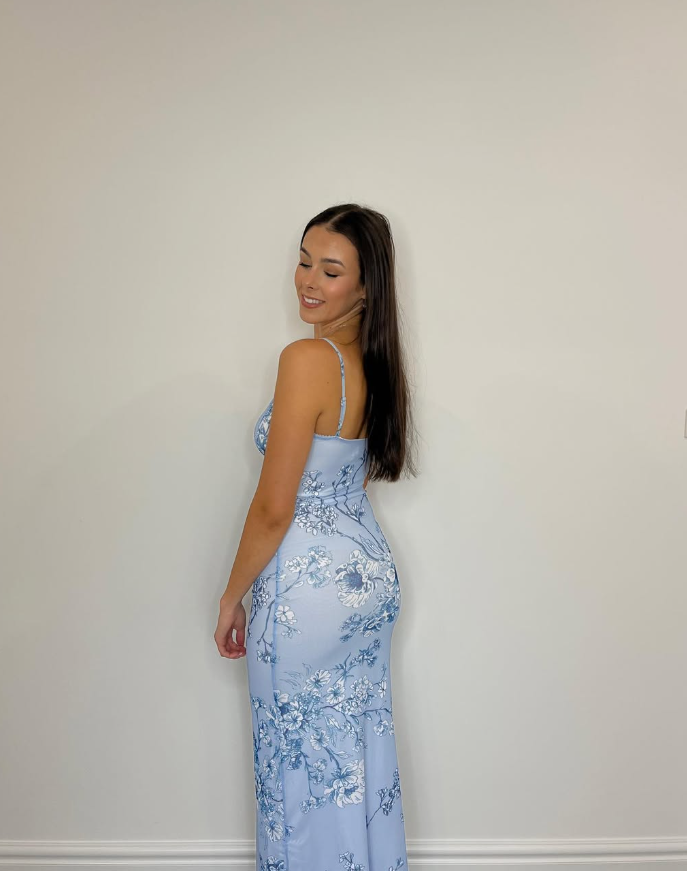 Sexy Blue Print Floral Sheath Satin Long Evening Party Dress Date Dress DP2993