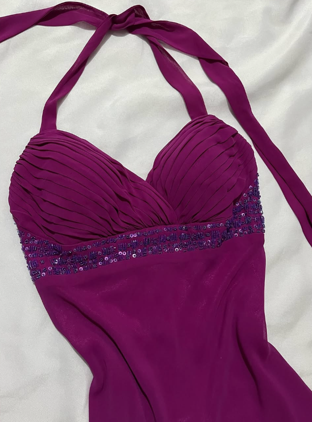 Vintage Sheath Halter Beaded Dark Purple Chiffon Open Back Party Dress Evening Dress DP2367